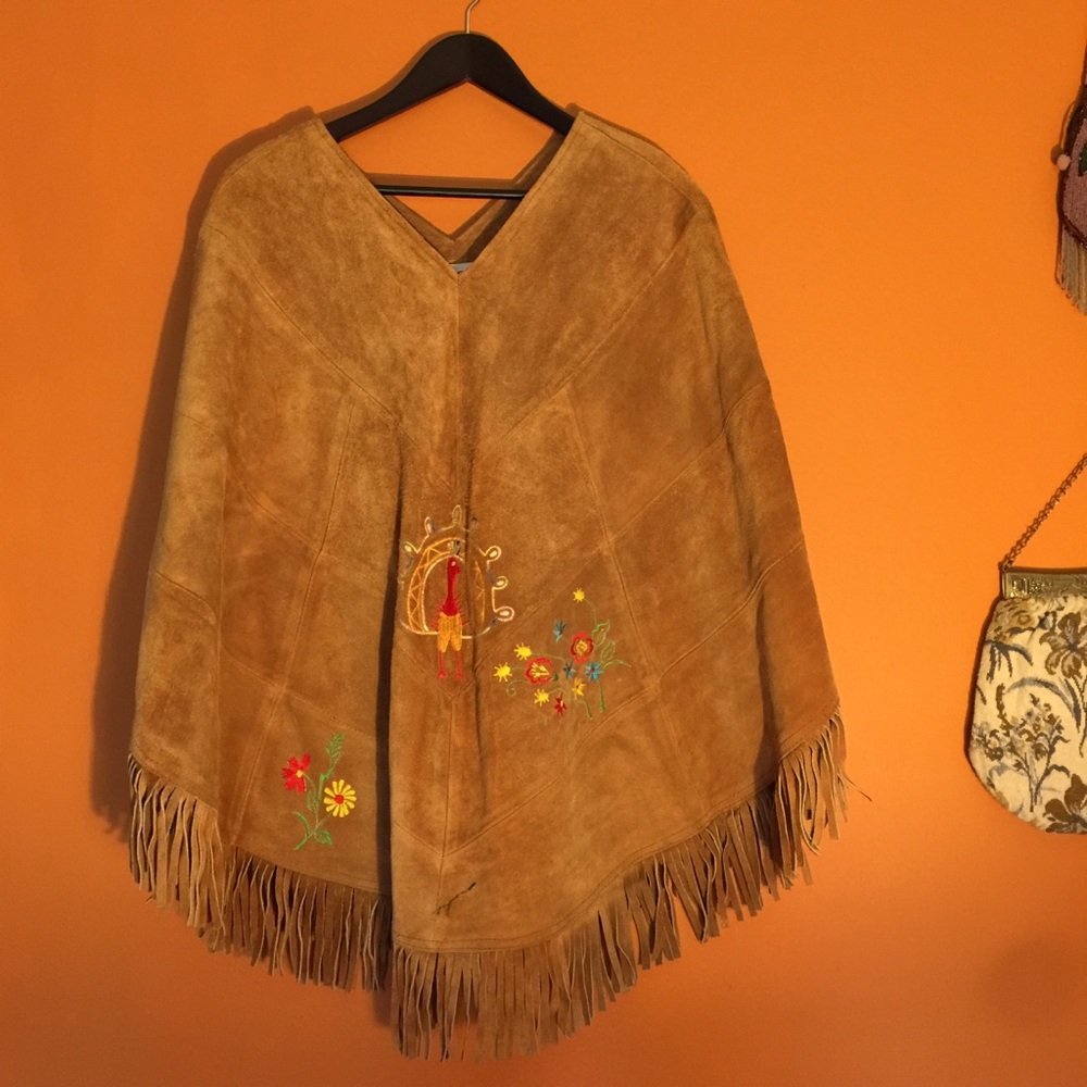 Vintage Embroidered Leather Hippie Poncho